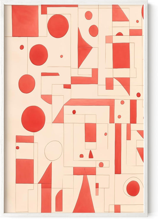 HAUS AND HUES Colorful Abstract Wall Art - Minimalist Retro Picture for Living Room Decor, Red and Pink Modern Wall Art Painting (Red Geometric, White Frame, 24x36)