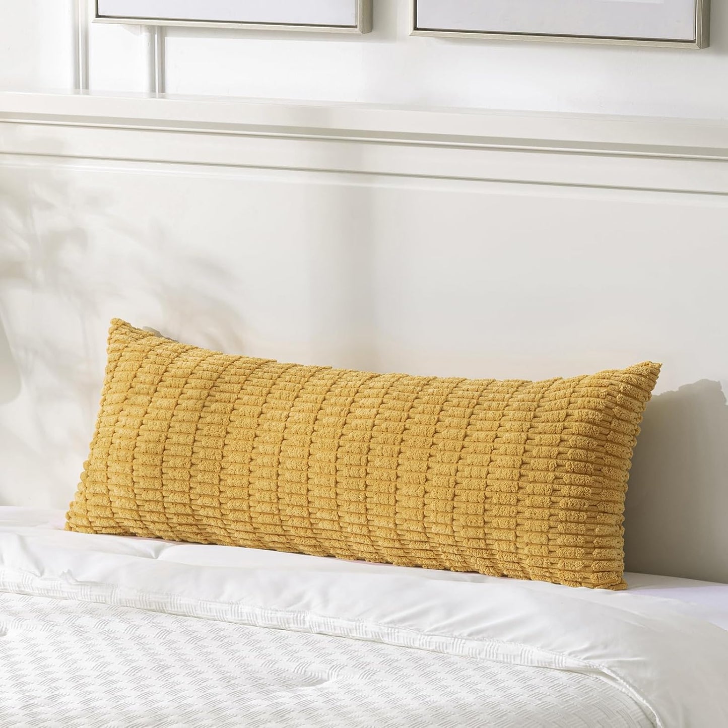 Fancy Homi Mustard Yellow Long Body Lumbar Lumbar Decorative Throw Pillow Covers 14x36 Inch for Bed Couch Bedroom Bench, Soft Corduroy Rectangle Solid Pillow Case, Rustic Farmhouse Boho Room Decor