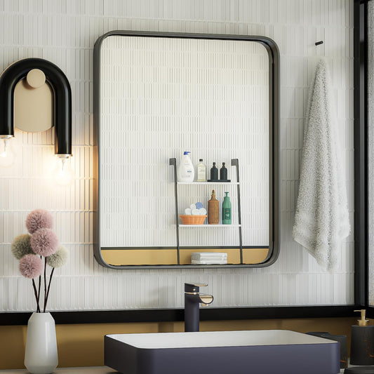 ISKM Black Framed Mirror for Wall 20"x 16", Bathroom Vanity Mirror Anti-Rust, Tempered Glass, Rounded Rectangle Mirror(Horizontal/Vertical)