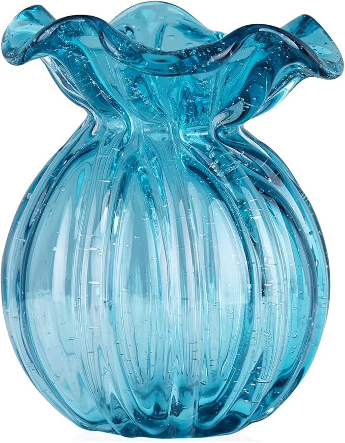 Blown Glass vase, Green Glass vase, Modern Art vase, Wide Mouth vase for Living Room Wedding Table Office centerpieces with Flowers.