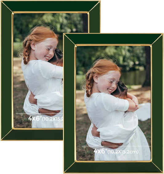 Frametory Enamel Picture Frame - 4x6 Gold Metal Edge Green Enamel Picture Frame With Easel and Velvet Back for Tabletop Display, Bookshelf, 4x6 Wall Decoration, Photo Frames-2 Set
