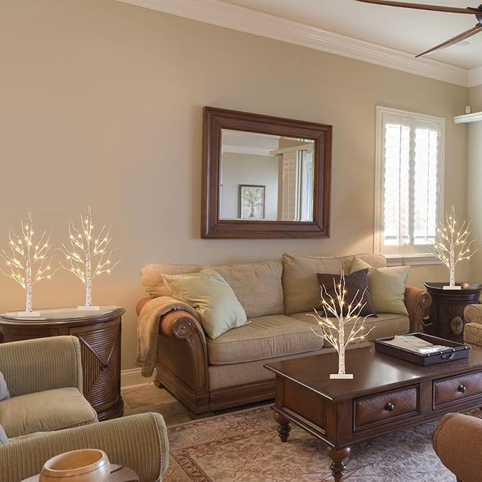 Vanthylit Christmas Tree Decorations, White Birch Tree with LED Lights- Set of 4, Warm White Small Tree Lights Battery Powered/USB, Timer Lighted Tree for Home Wedding Indoor Outdoor Decor (2 FT)