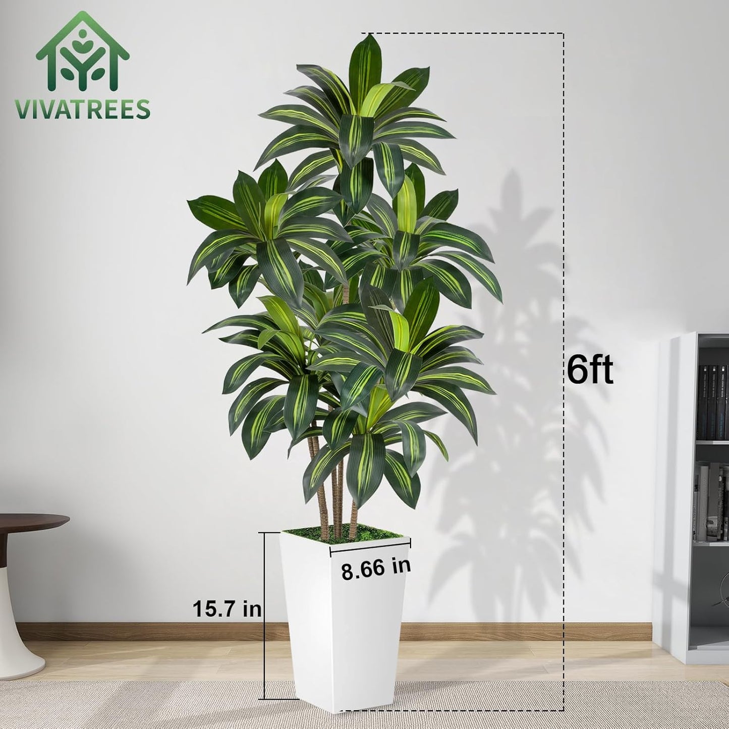 Dracaena Tree 6FT Artificial, 72in Tall Faux Dracaena Tree with 15.7 White Planter, Fake Potted Tree for Indoor & Outdoor Home Office Decor