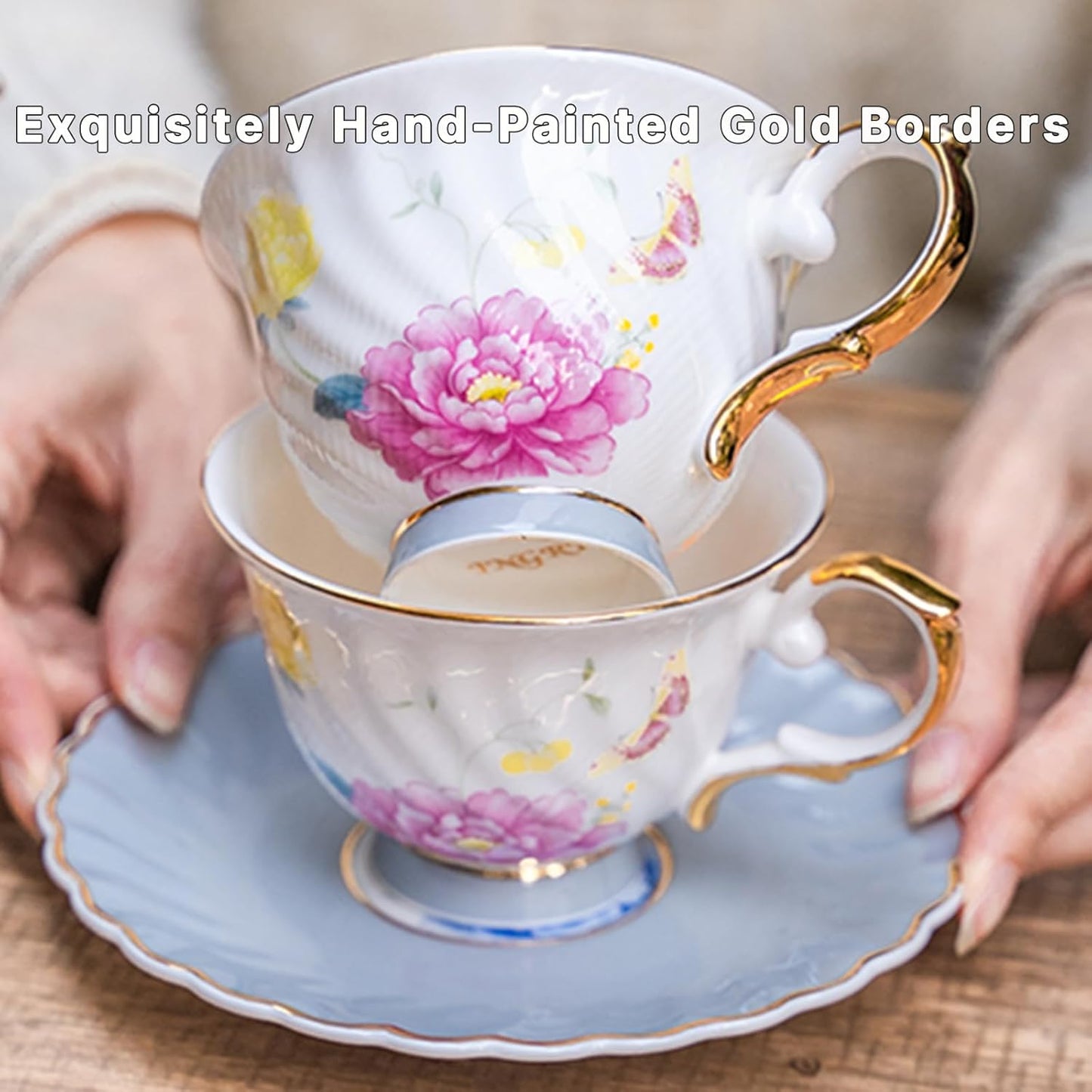 Floral Tea Cup and Saucer Set, Vintage Cup with Gold Trim, Bone China Coffee Cup with Saucer and Spoon, Ceramic Food Grade Mug for Women, Tea Party, Gifts Giving, 6.8 oz