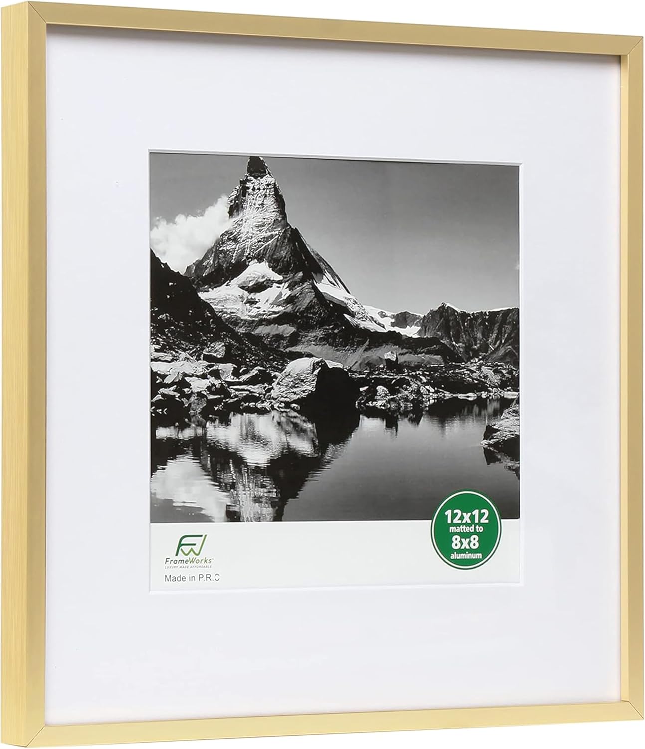 FrameWorks 12x12 Matted to 8x8 Picture Frame – Aluminum Frame w/Tempered Glass, Removable Mat for Photos, Posters, Art, Stylish Wall Frame for Home Decor, Gallery Walls, Office, Living Room - Gold