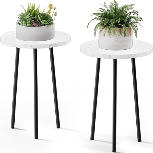 Plant Stand Indoor 2 Pack: Corner Wood 20 Inch Plant Stand Mid Century Modern Decor - Small Round Plant Table for Indoor Plants - Plant Holder for Patio Living Room Bathroom Office (White Marble)