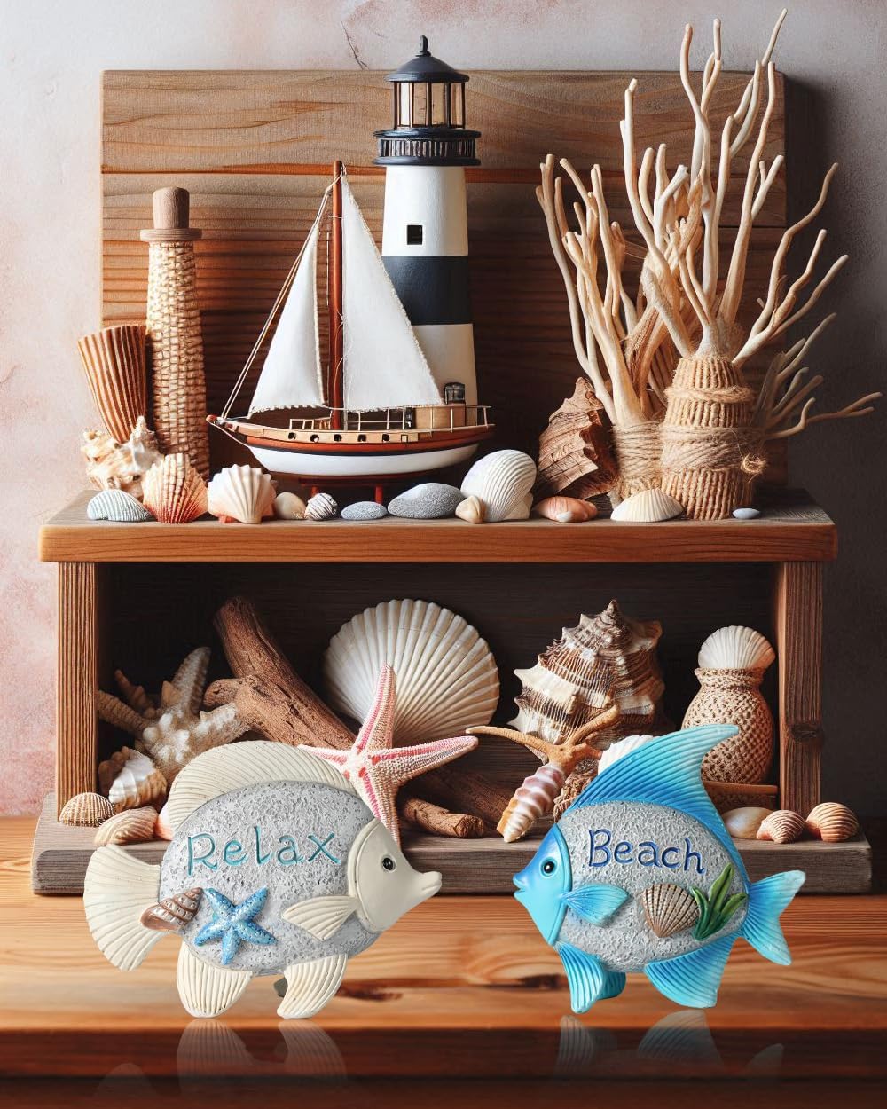 Coastal Charm Resin Fish Figurines - Set of 2 Decorative Relax & Beach Decor Nautical Themed 4.4'' Statues for Home Hotel (Fishes)