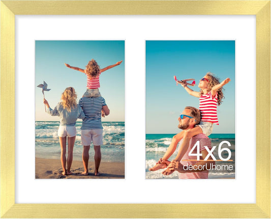 decorUhome 8x10 Picture Frames Collage Wall Decor, Display 2Pcs 4x6 Photos with Mat or 1Pcs 8x10 Unmatted, 2 4x6 Collage Picture Frames for Wall Mounting, Gold