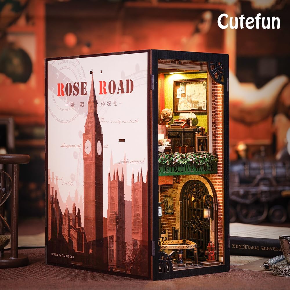 Cutefun Book Nook Kit, DIY Miniature Dollhouse Booknook for Adults, 3D Wooden Puzzle Bookend Bookshelf Insert Decor with LED Light, Gift for Craft Lovers (Rose Detective Agency)