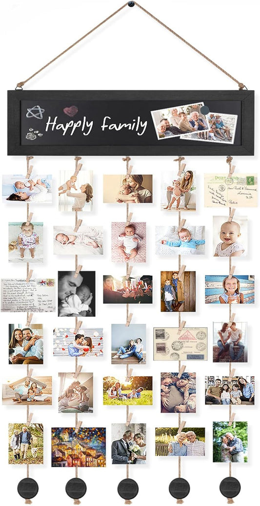 Bikoney Picture Frames Collage Wall Decor Photo Hanging Display Picture Board Wood Rustic Frames for Home Dorm Room Decor with Blackboard and 30 Clips Vintage Black