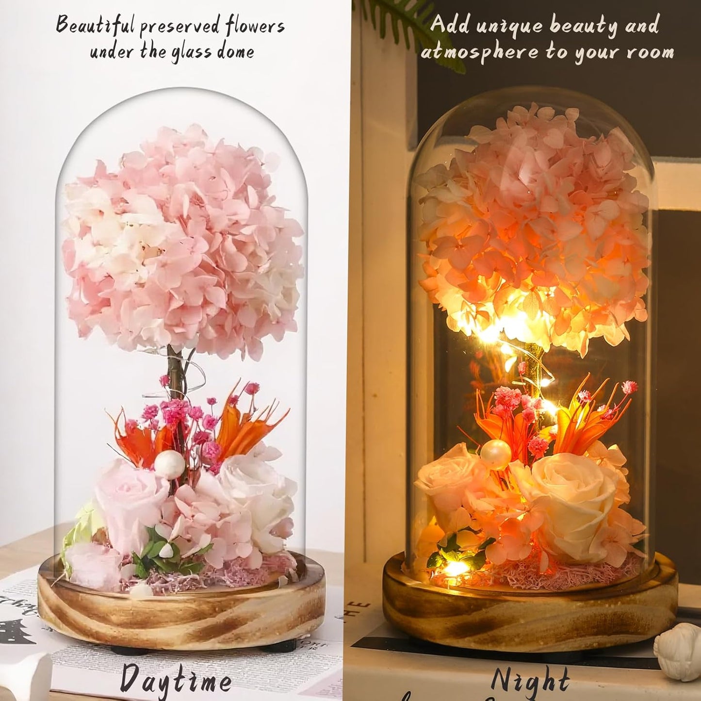 LED Illuminated Glass Dome Floral Arrangement, Decorative Light with White Hydrangea and Rose, Battery Operated