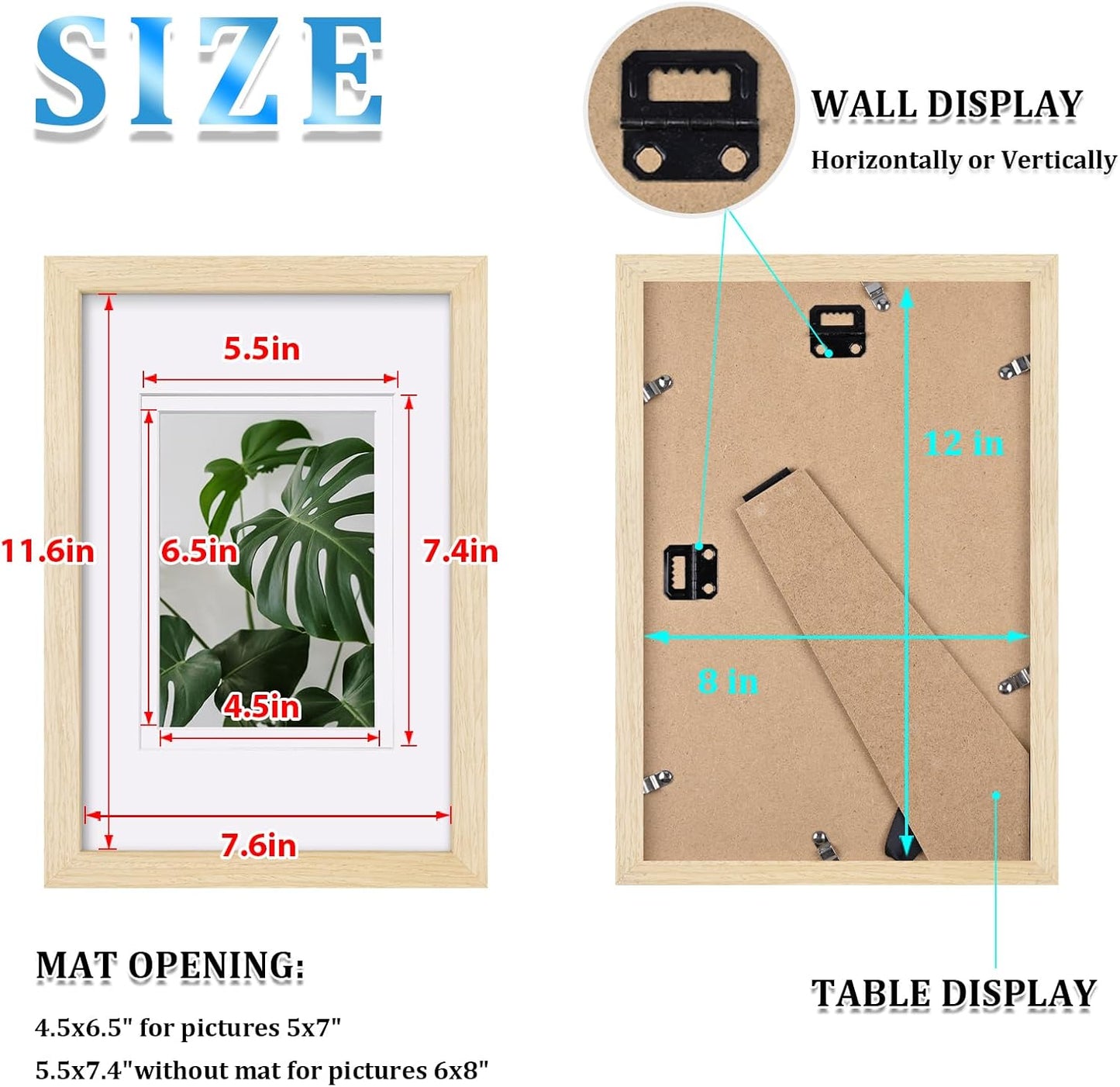 Egofine 8x12 Picture Frames Set of 4, Made of Solid Wood Covered by Plexiglass 5x7 and 6x8 with Mat or 8x12 without Mat, for Table Top Display and Wall Mounting Photo Frame Oak Wood
