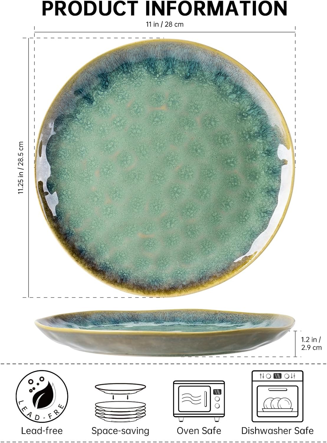 Henten Home Ceramic Dinner Plate Set, 11 Inch Porcelain Pizza, Pasta, Salad Plates, Irregular Shape Steak Plates Set of 4, Stoneware Serving Dishes for Kitchen (Green)