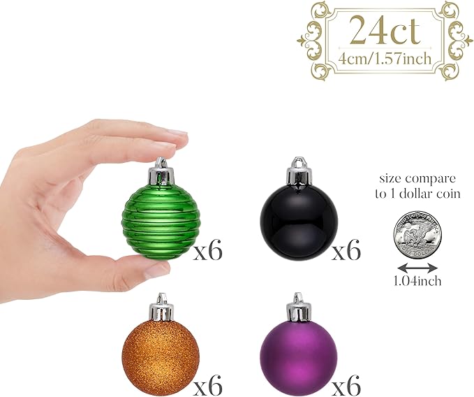 Valery Madelyn 1.57 Inches Small Christmas Tree Decorations Ornament Set for 4th of July Fall Halloween, 24ct Orange Purple Green Shatterproof Hanging Ball Ornaments Holiday Party Decor
