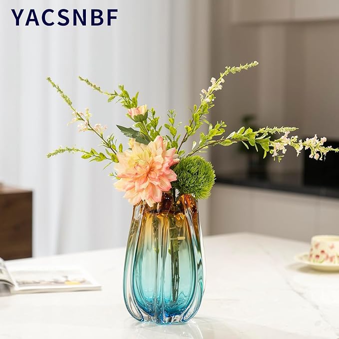 Hand Blown Glass Flower vases, Unique Glass vases, Wide Mouth vases, Small Modern Art Deco Glass vases for Home Living Room, Office, Table centerpieces, Bookshelves and Wedding Decorations