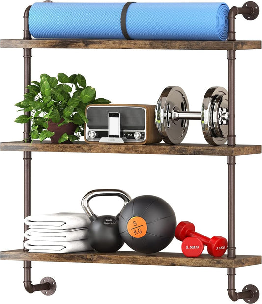 Helsin 3 Tier Industrial Pipe Shelf Rustic Wood Floating Shelves,Wall Display Bookshelf,Storage Rack Sundries Holder for Kitchen Office Bathroom Organization and Home Decor (32inch)