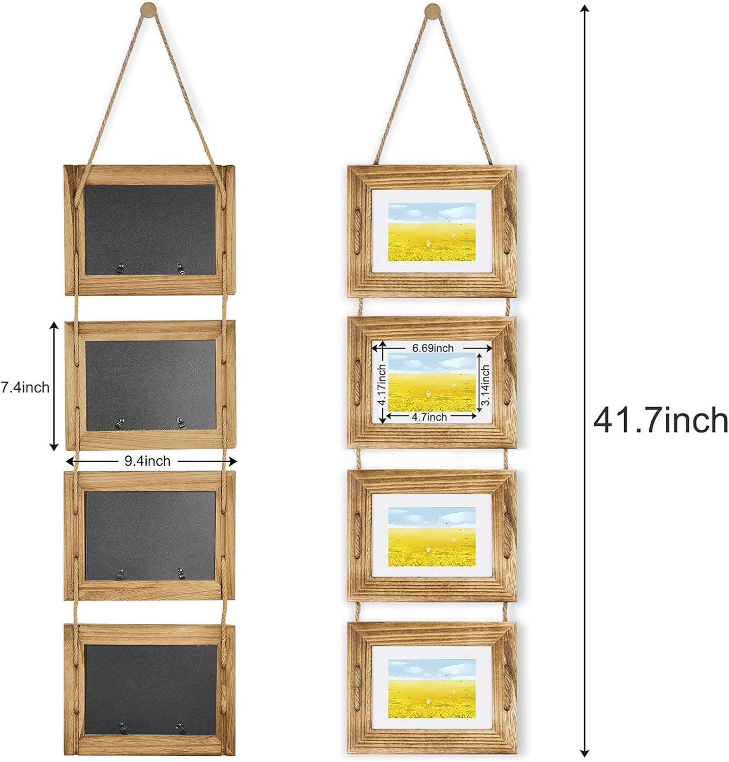 DLQuarts 5x7 Hanging Picture Frames Collage Wall Decor, 4-Opening 5x7 Matted to 3.5x5 Photo Rustic Wood Frame with Hemp Rope, 1 Pack, Carbonized Brown