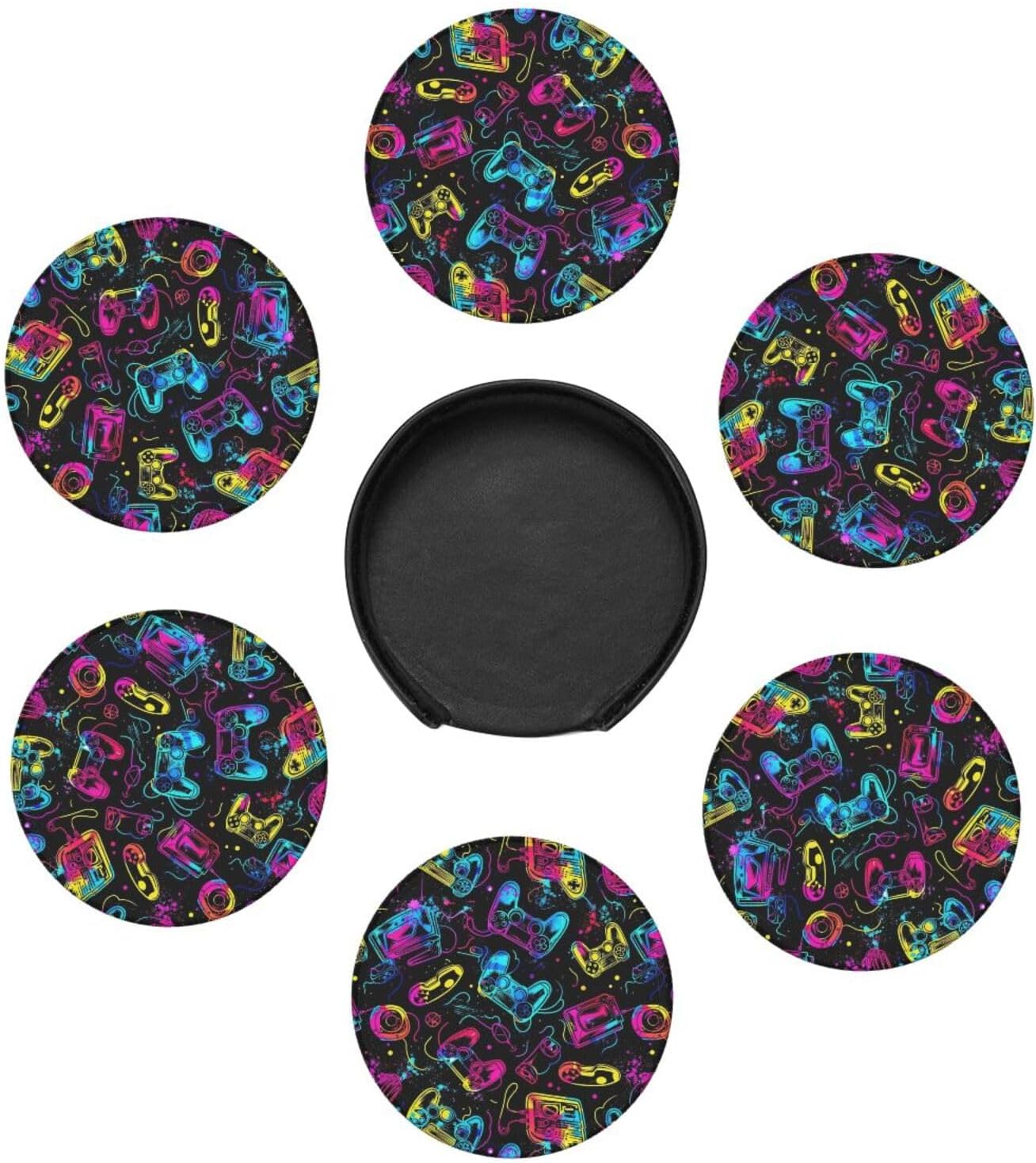 Drink Coasters with Holder Stand Set of 6, Bright Game Controller Pu Leather Absorbent Coasters with Cork Base Table Coaster Round Coasters for Housewarming Apartment Kitchen Bar Decor