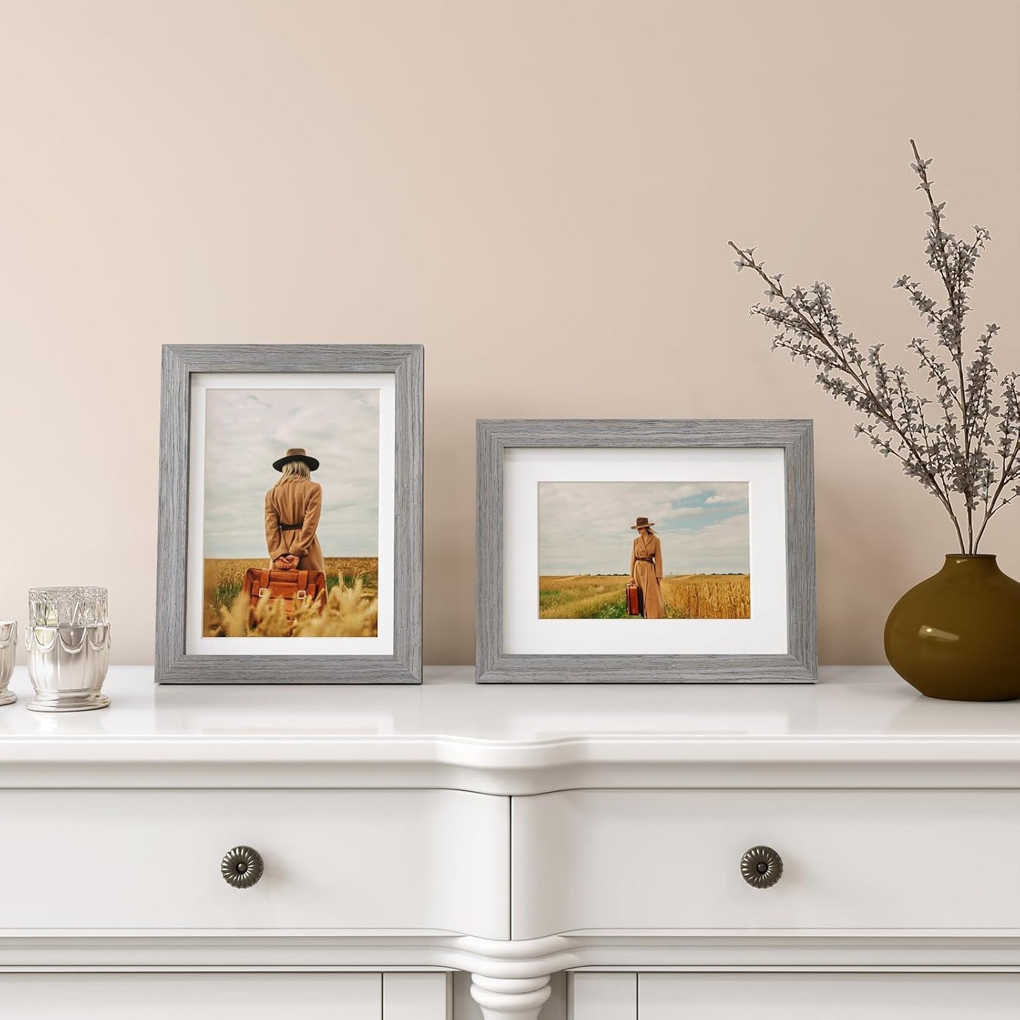 Egofine 6x8 Picture Frames Set of 4, Made of Solid Wood Covered by Plexiglass 4x6 and 5x7 with Mat or 6x8 without Mat, for Table Top Display and Wall Mounting Photo Frame Light Grey