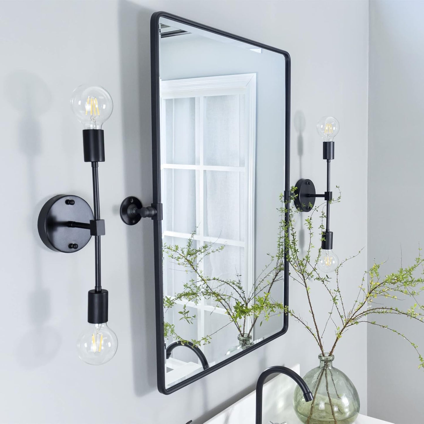 Farmhouse Black Metal Framed Pivot Rectangle Bathroom Mirror Rounded Rectangluar Tilting Beveled Vanity Mirrors for Wall, Overall 22.91 x 24 inches (Mirrror 19 x 24 inches)