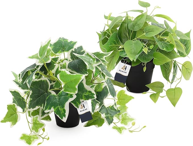 2 Pack Fake Plants Decor, Artificial Plants for Home Decor Indoor, Fake Ivy Potted Plants for Shelf Decor Realistic Faux Plants Indoor with Pot for Home Living Room Bedroom Office Decoration