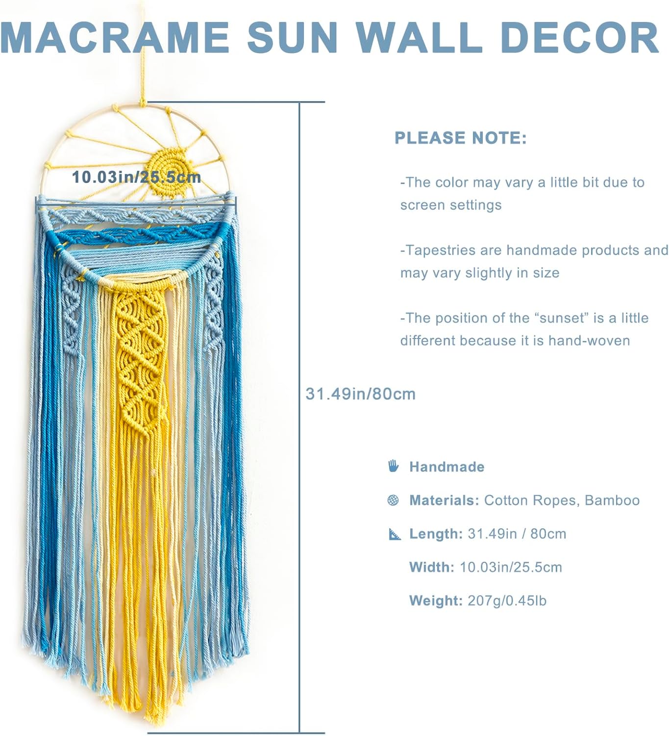 Mcrame Blue Sun Boho Wall Hanging Tapestry Sunset Art, Boho Woven Tapestry Big Dream Catcher Colorful Decor for Bedroom, Living Room, Nursery