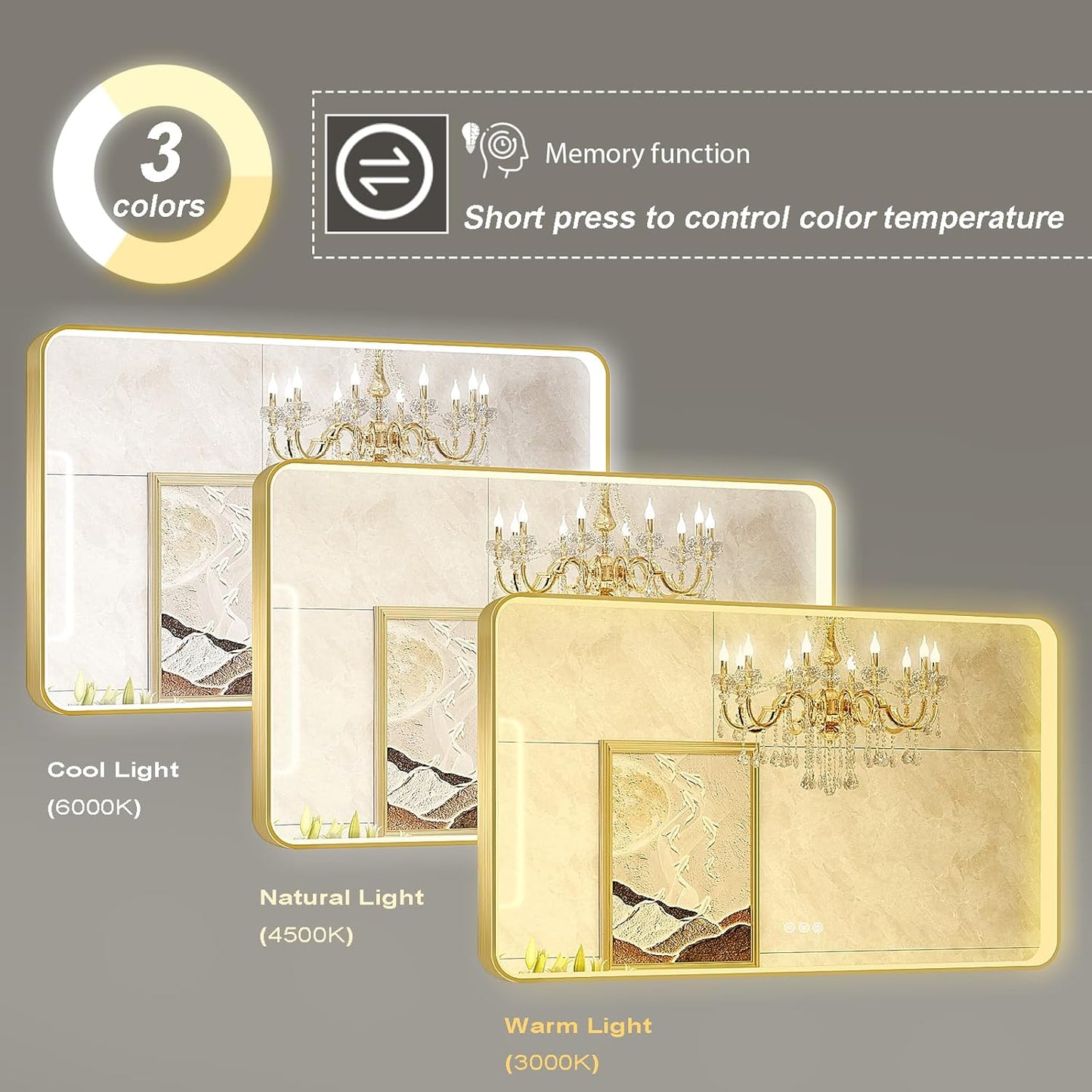 LED Mirror for Bathroom 60X36 Inch Gold Framed with Anti-Fog, Stepless Dimmable, Front Lit, LED Bathroom Vanity Mirror for Wall, Memory Function, Shatter-Proof