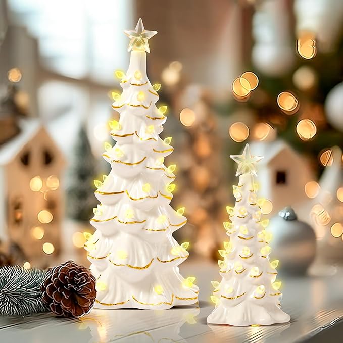 WDS WONDROUS Ceramic Christmas Tree Tabletop - White and Gold Accents 2PCS Table Top Christmas Trees with Lights Prelit - Small Xmas Tree Figurines Home Mantel Desk Centerpieces