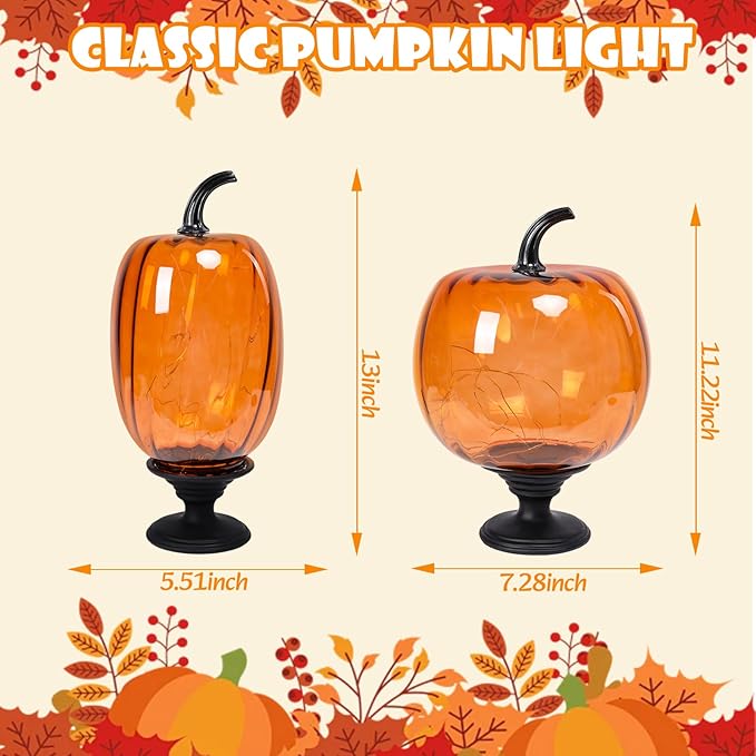 2 Pcs Glass Pumpkin Lights with Pedestal Fall Decor Pumpkins Decoration LED Lighted Collectible Thanksgiving Autumn Harvest Figurine Fall Halloween Decorations for Home Tables Centerpieces Decorative
