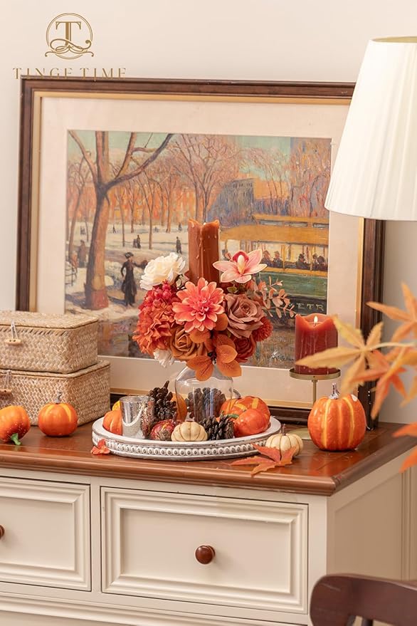 TINGE TIME Roses Artificial Flowers Orange Faux Flowers Bulk for DIY Bridal Wedding Bouquets Baby Shower Fall Centerpiece Table Home Decorations