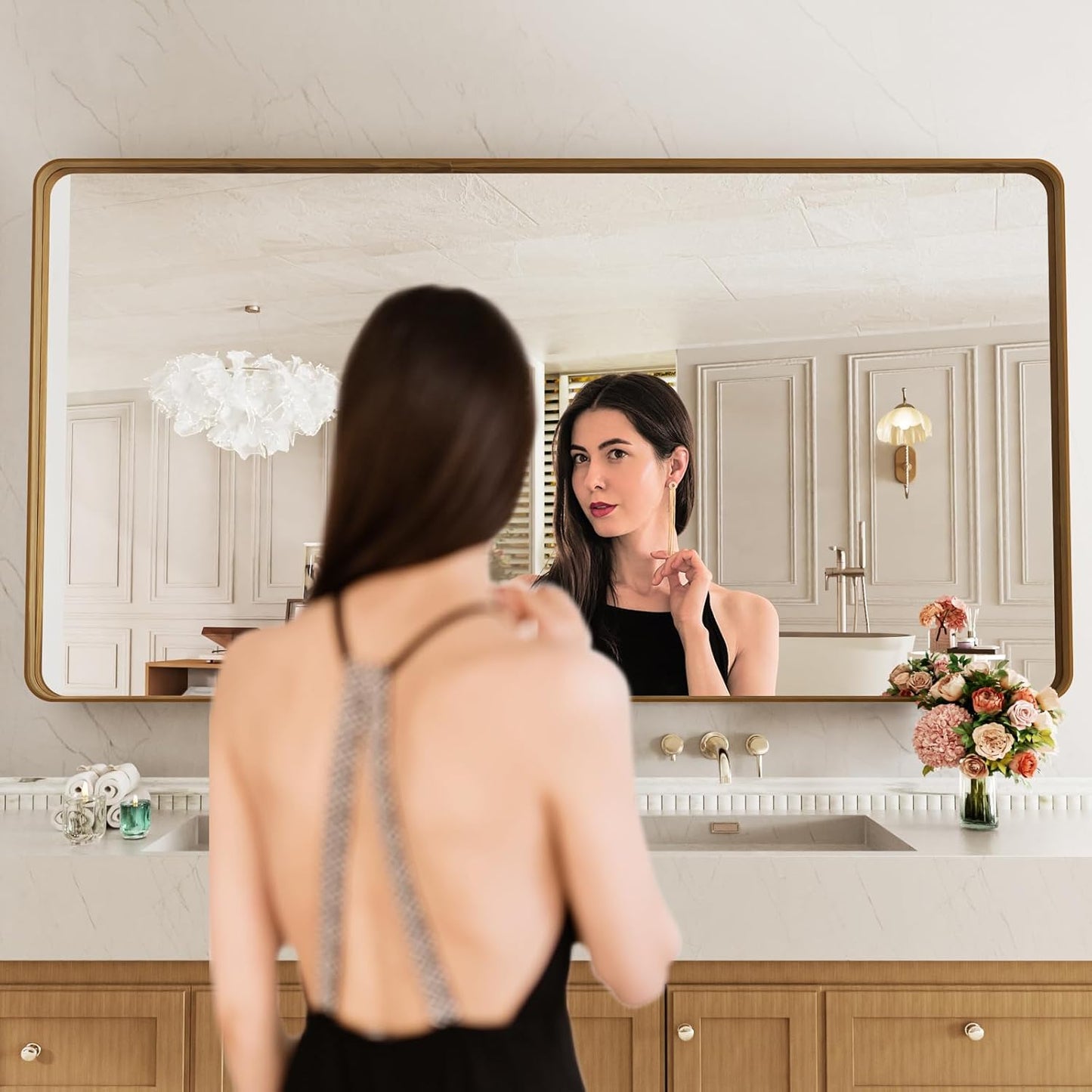 LOAAO 77X36 Inch Bathroom Mirror with Wood Grain Colored Metal Frame, Rounded Rectangle Metal Framed Bathroom Mirror, Anti-Rust, Hangs Horizontally or Vertically, Tempered Glass