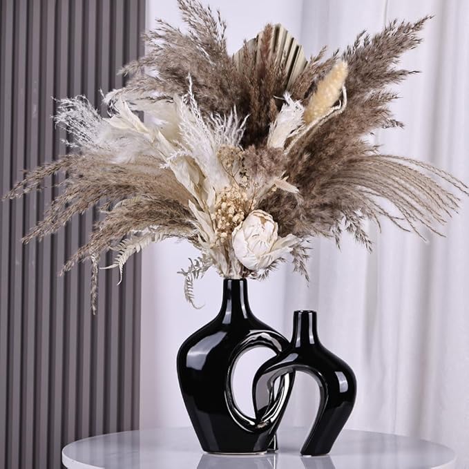Black and Silver Hollow Ceramic Vase Set of 2, Modern Nordic Boho ins Style Aesthetic Decorative Flower Vase for Home Decor, Wedding, Living, Bedroom, Dining Table, Shelf, Mantle, Office Decor