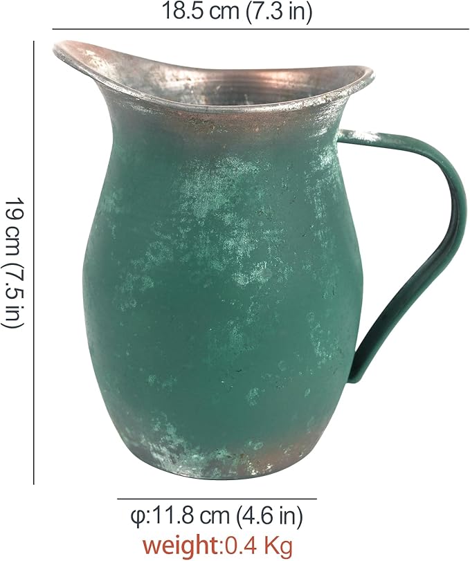 BIG FORTUNE Decorative Pitcher Vase Large Rustic Farmhouse Vase for Flowers Vintage Metal Milk Jug Vintage Decorative Pitcher Kitchen Decorations (Green)