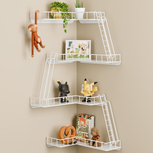 Fire Escape Wall Shelf - Modern City Style 4-Tier Corner Wall Shelves, Easy to Install Metal Ladder Shelf for Figures, New York Decorative Shelves for Bathroom, Living Room & Home Decor,White