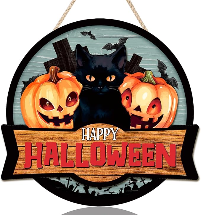 3D Halloween Door Decor Black Cat,Halloween Door Decoration,Black Cats Sign,Pumpkin Door Hanger,Horror Cross Tomb Haunted House Bat Wall Decor for Party Home Porch Yard Living Room Outdoor