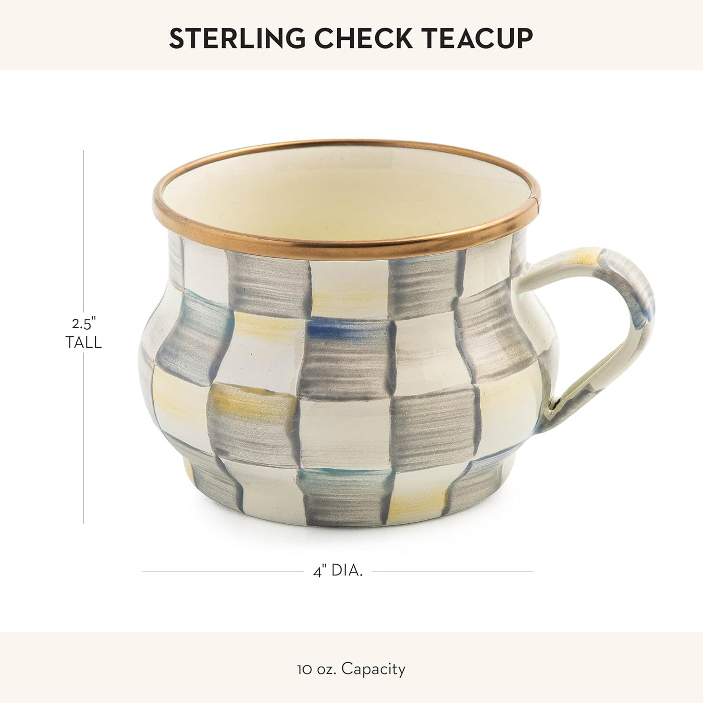 MACKENZIE-CHILDS Enamel Teacup, Unique Coffee and Tea Mug, Enamel Cup for Hot Tea, 10 Ounces, Gray-and-White Sterling Check