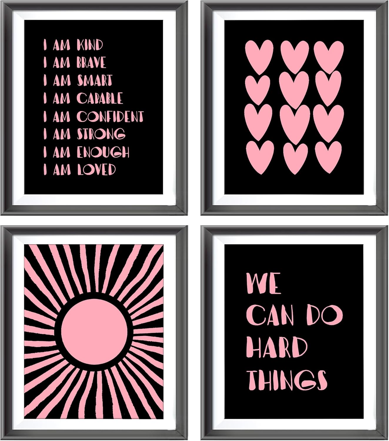 I am Kind Brave Smart Affirmations Black Sun Sunshine Hearts Poster Prints for Girls Kids Room Playroom Decor,Girl Nursery Decorations Prints Wall Art Unframed 4pcs 8x10inches,Girls Kids Gifts
