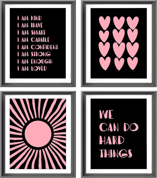 I am Kind Brave Smart Affirmations Black Sun Sunshine Hearts Poster Prints for Girls Kids Room Playroom Decor,Girl Nursery Decorations Prints Wall Art Unframed 4pcs 8x10inches,Girls Kids Gifts
