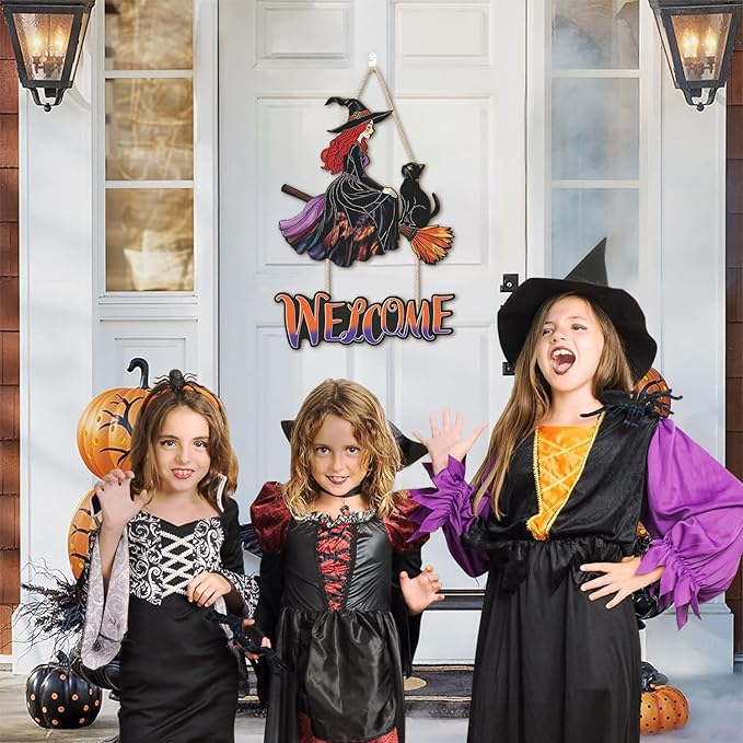 Witch Halloween Decoration,Witch And Black Cat Door Hanging,Witches On Broom Door Hanger,Halloween Welcome Wall Sign,Witches Broom Wooden Sign,Black Cat Wall Plaque for Porch Yard Home Bedroom