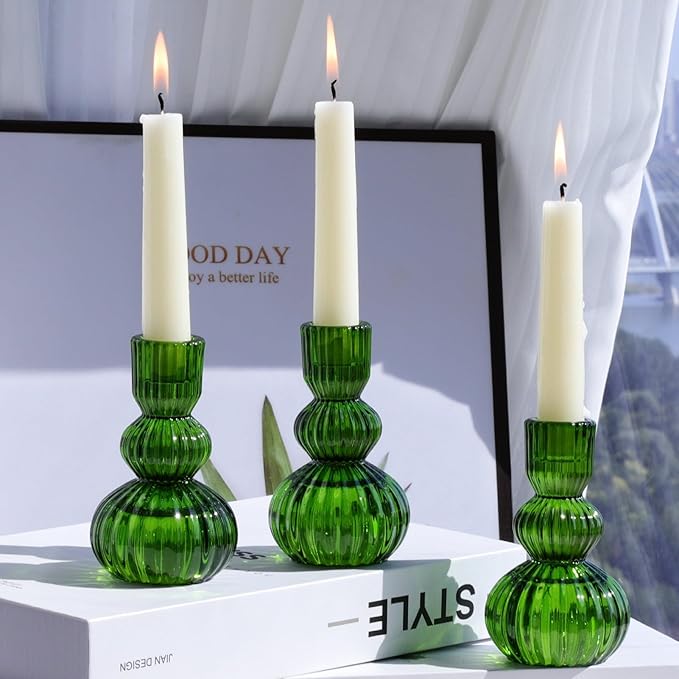 Woho Green Taper Candle Holders Set of 3 for Christmas Decorations, 4.3" H Ribbed Glass Candlestick Holders for Spring Wedding Table, Vintage Candle Sticks Holder Decor Home Decor