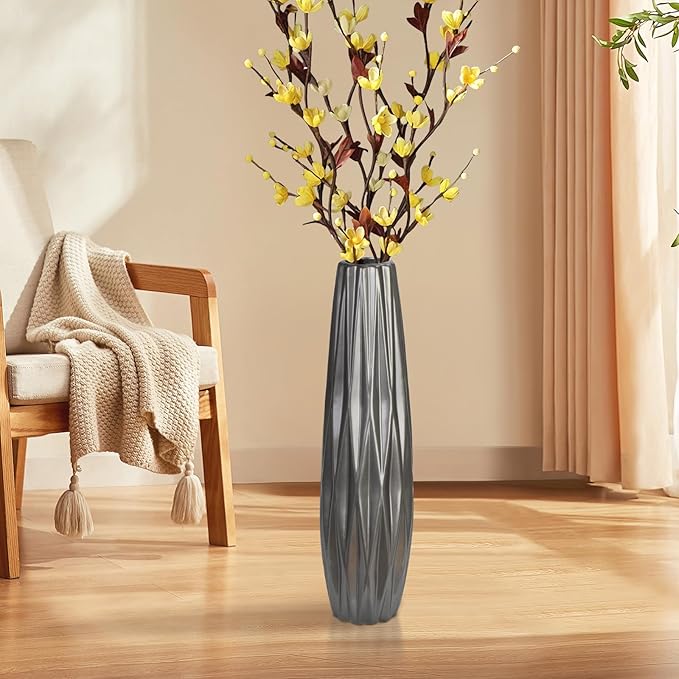 Silvery Ceramic Tall Floor Vase,17.7 Inch Large Modern Flower Vases for Home Décor,Wicker Big Floor Vase Decorations for Farmhouse, Living Room,Bedroom,Standing Plastic Vase Decorative Tall