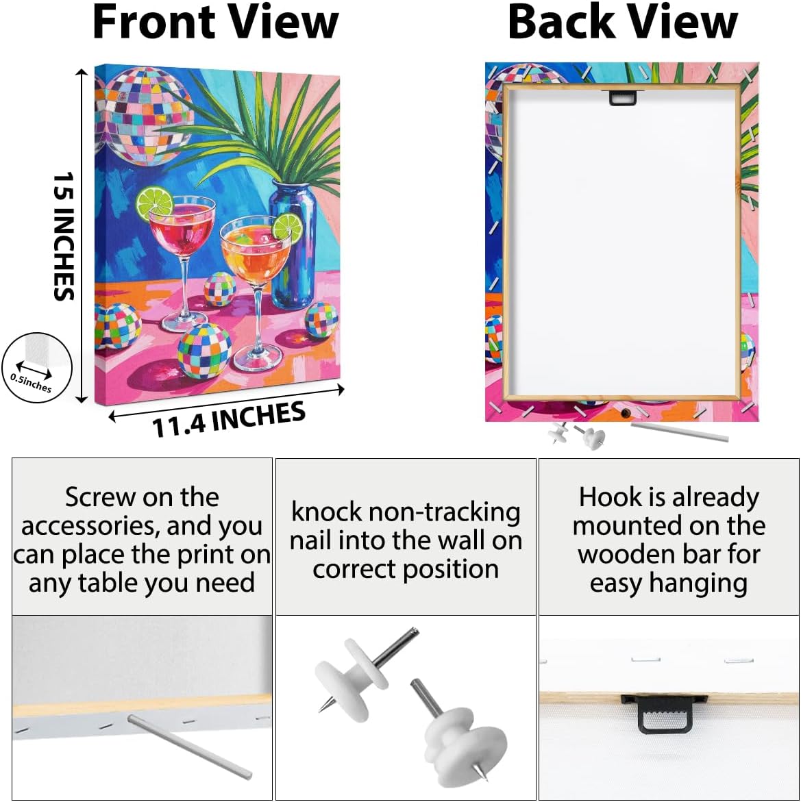 Disco Cocktail Print Wall Art, Retro Disco Ball Maximalist Canvas Framed Prints Modern Decorations, Funky Poster for Bar Cart Decor Living Room Entryway Bedroom Aesthetic