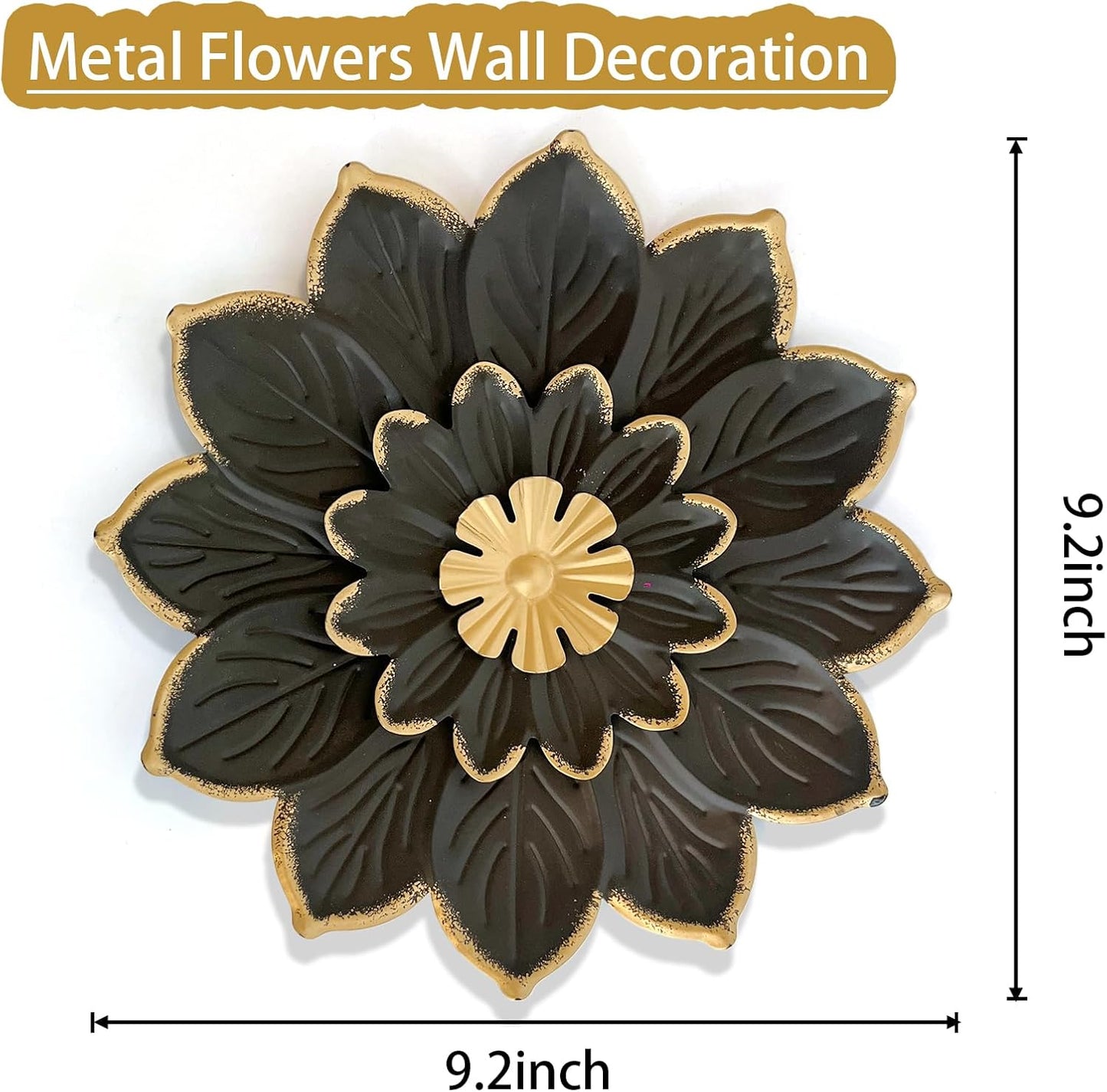 LIFFY 9.2“ Black and Gold Metal Flower Wall Art, Modern Rustic Floral Decor for Indoor Living Room Bedroom Office Outdoor Garden Patio Yard