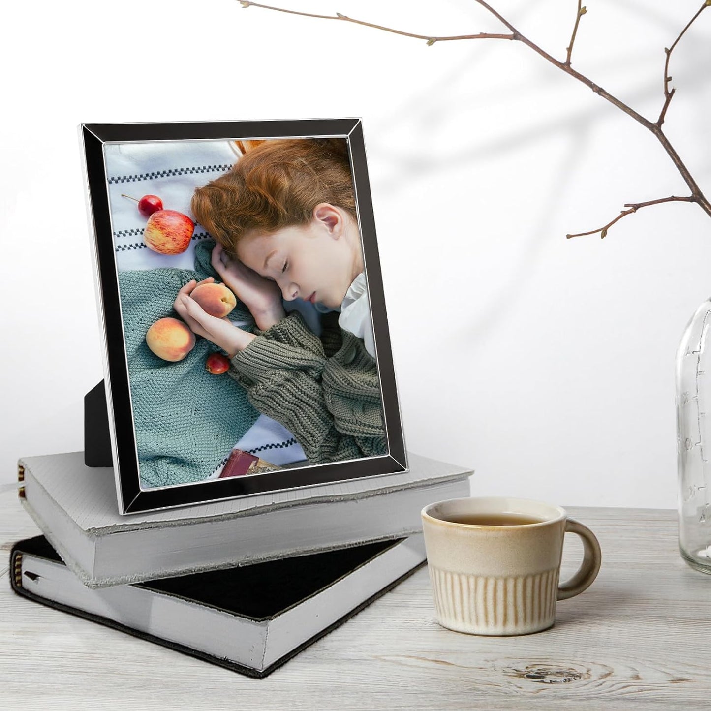 Frametory Enamel Picture Frame - 8x10 Silver Metal Edge Black Enamel Picture Frame With Easel and Velvet Back for Tabletop Display, Bookshelf, 8x10 Wall Decor, Photo Frames, Picture Display-2 Set