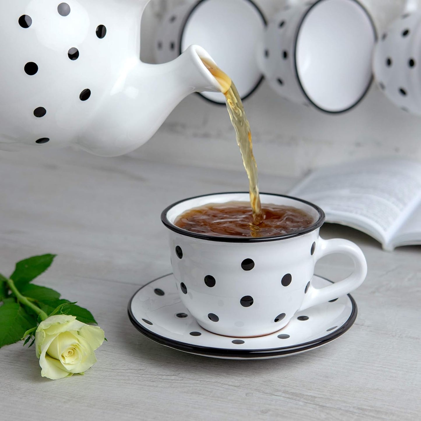 City to Cottage Handmade White And Black Polka Dot Large Ceramic 12oz/350ml Cappuccino Coffee Tea Cup and Saucer, Unique Designer Pottery Gift for Tea Lovers