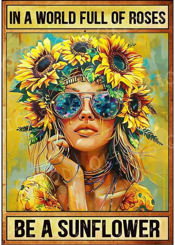 In A World Full Of Roses Be A Sunflower Retro Tin Sign Funny Metal Signs Gift for Women Home Office Living Room Bedroom Garden Yards Wall Decoration 8×12 Inches