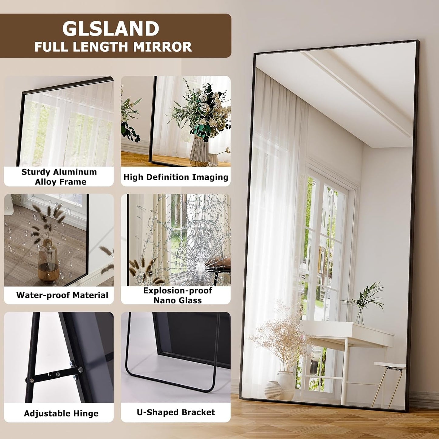 GLSLAND 76"x34" Full Length Mirror Oversize Rectangle Full Body Mirror Aluminum Alloy Frame Freestanding Mirrors for Bedroom Living Room Dressing,Black