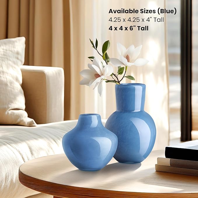 Torre & Tagus 6" Mouth Blown Art Glass Vase for Flowers - Opaque Blue Small Table Vase & Handmade Small Blue Accent for Coastal Home Decor, Neutral Bud Vases as Decorative Shelf Decor or Wedding
