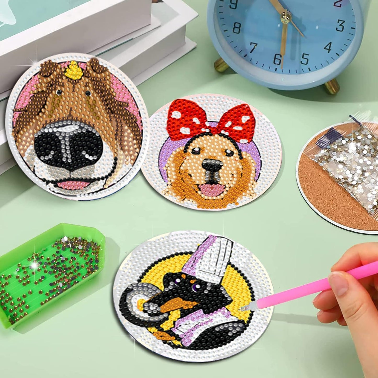 EWJRNSF 6 PCS Small Diamond Art Coasters Kits, Diamond Painting Coasters, Fall Diamond Art Kits for Adults Beginners, Arts and Crafts Item Sets with Holder for Drinks. Dog