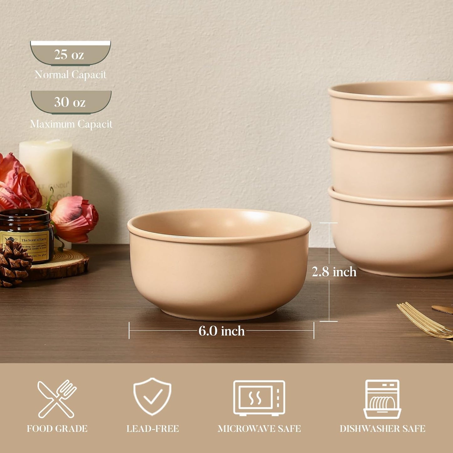 GZG 6-Inch Ceramic Cereal Bowls Set of 4, Rustic Matte Glazed Stoneware Bowls for Cereal, Soup, Salad & Snacks, 30 oz Capacity, Microwave & Dishwasher Safe(Warm Sand)